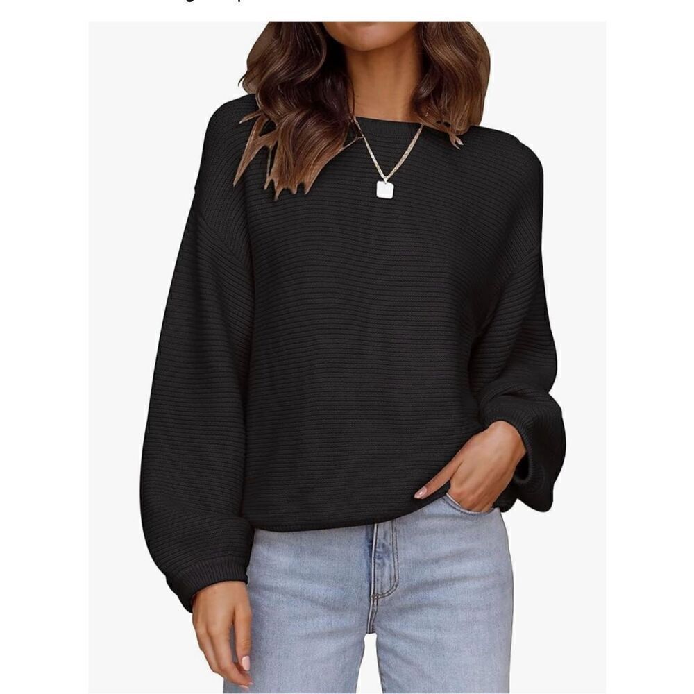 Zesica Women’s M Crew Neck Long Lantern Sleeve Casual Loose Ribbed Knit Pullover